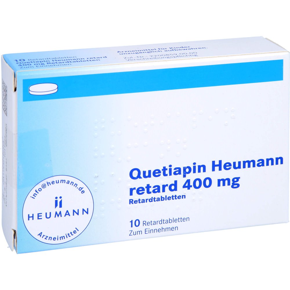 Das Produktfoto zeigt Quetiapin Heumann Retard 400 Mg Retardtabletten (10 stk) PZN 09232924