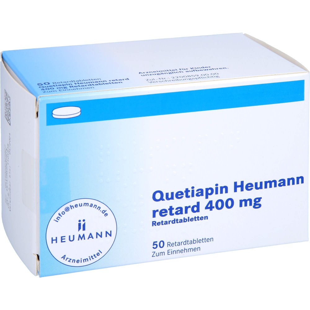 Das Produktfoto zeigt Quetiapin Heumann Retard 400 Mg Retardtabletten (50 stk) PZN 09232982