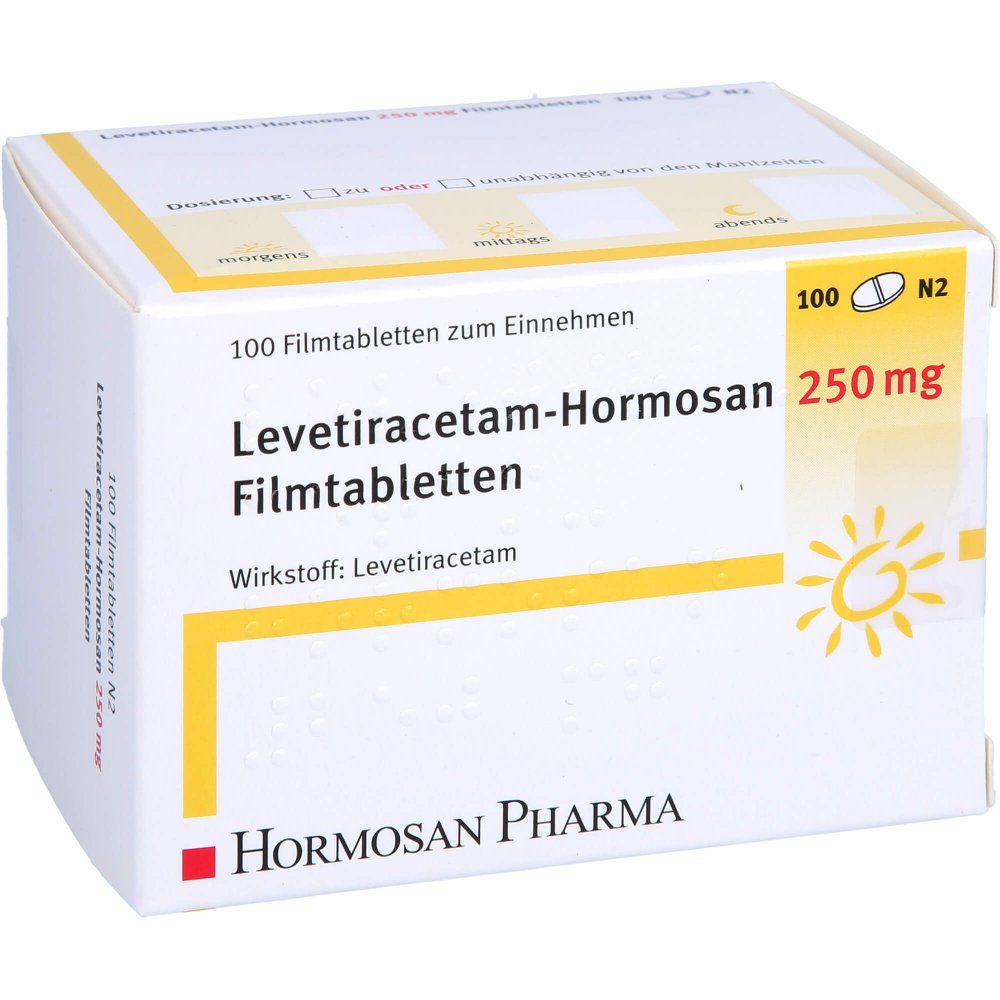 Das Produktfoto zeigt Levetiracetam Hormosan 250 Mg Filmtabletten (100 stk) PZN 09234099