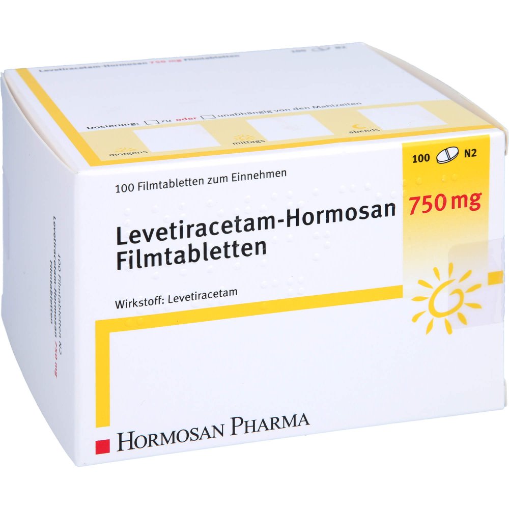 Das Produktfoto zeigt Levetiracetam Hormosan 750 Mg Filmtabletten (100 stk) PZN 09234165
