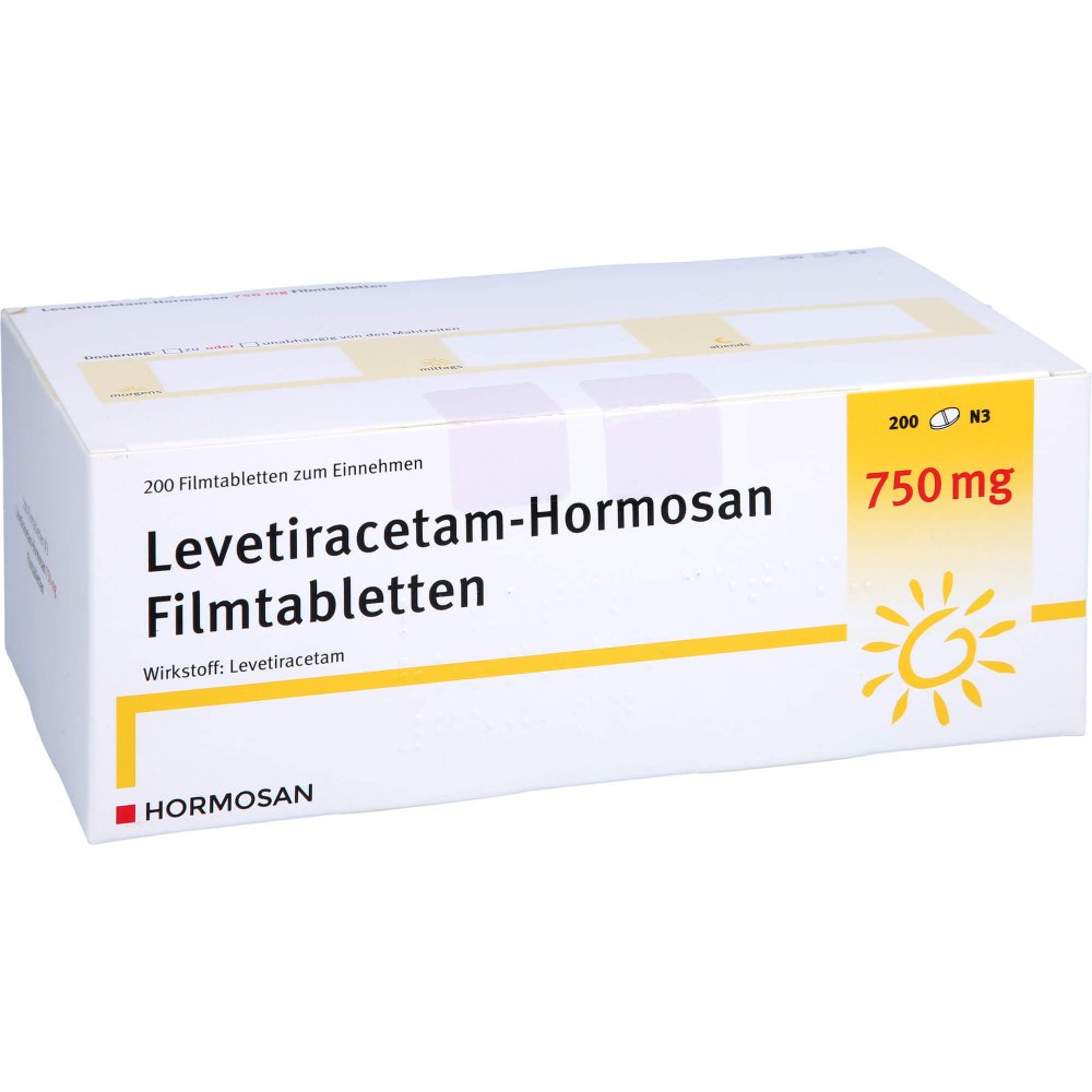 Das Produktfoto zeigt Levetiracetam Hormosan 750 Mg Filmtabletten (200 stk) PZN 09234171