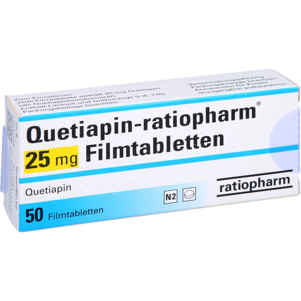 Das Produktfoto zeigt Quetiapin-Ratiopharm 25 Mg Filmtabletten (50 stk) PZN 09243141