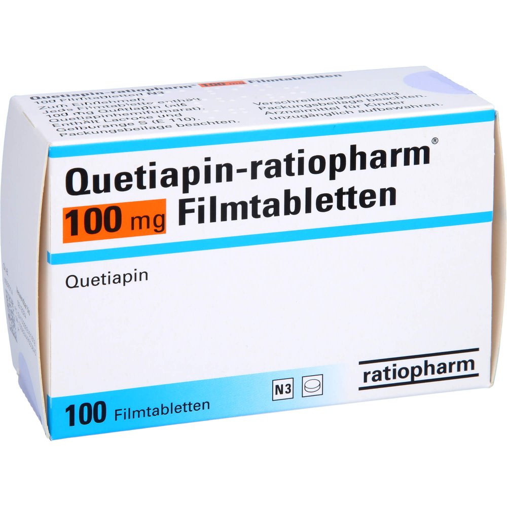 Das Produktfoto zeigt Quetiapin-Ratiopharm 100 Mg Filmtabletten (100 stk) PZN 09243187