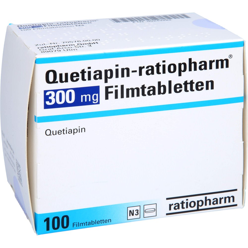 Das Produktfoto zeigt Quetiapin-Ratiopharm 300 Mg Filmtabletten (100 stk) PZN 09243282