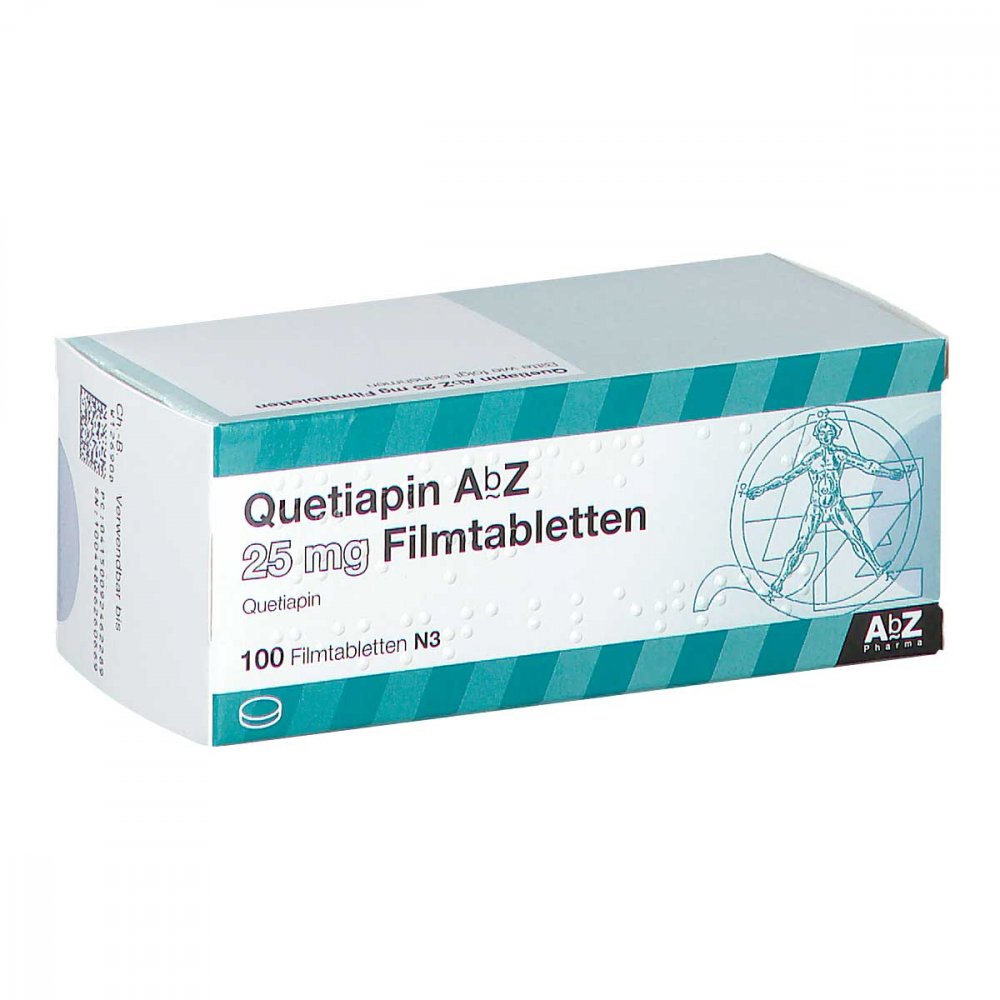 Das Produktfoto zeigt Quetiapin Abz 25 Mg Filmtabletten (100 stk) PZN 09246228