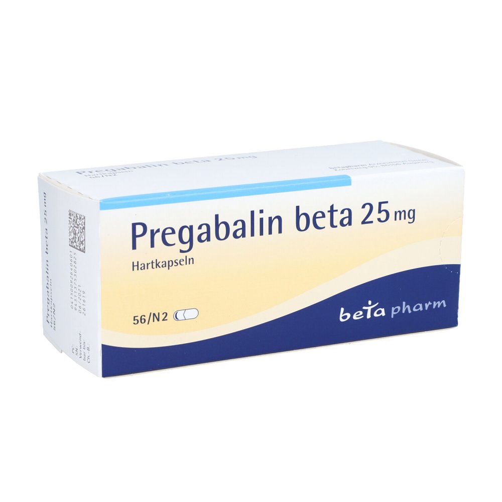Das Produktfoto zeigt Pregabalin Beta 25 Mg Hartkapseln (56 stk) PZN 09264060