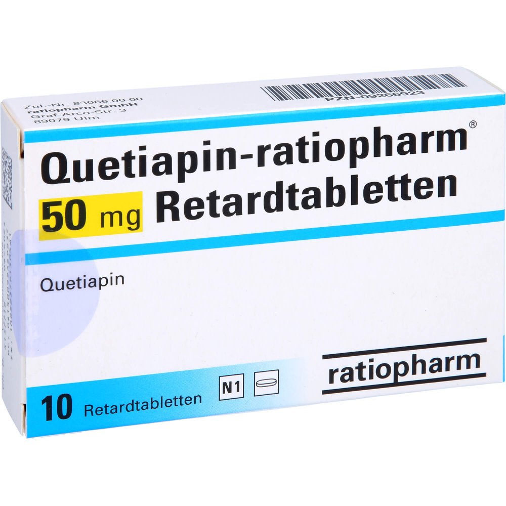 Das Produktfoto zeigt Quetiapin-Ratiopharm 50 Mg Retardtabletten (10 stk) PZN 09266923