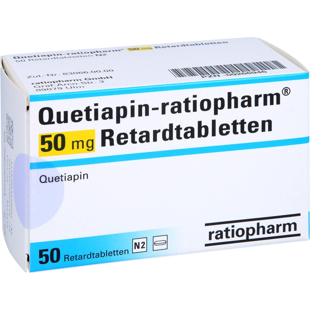 Das Produktfoto zeigt Quetiapin-Ratiopharm 50 Mg Retardtabletten (50 stk) PZN 09266946