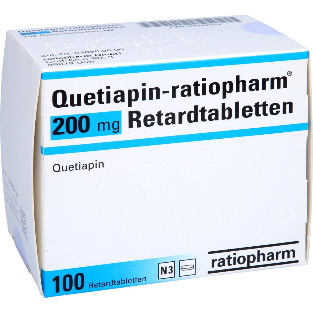 Das Produktfoto zeigt Quetiapin-Ratiopharm 200 Mg Retardtabletten (100 stk) PZN 09267012