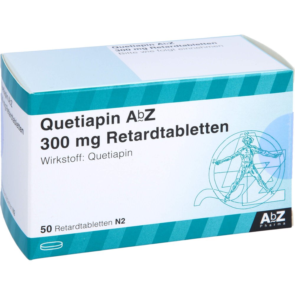 Das Produktfoto zeigt Quetiapin Abz 300 Mg Retardtabletten (50 stk) PZN 09272823