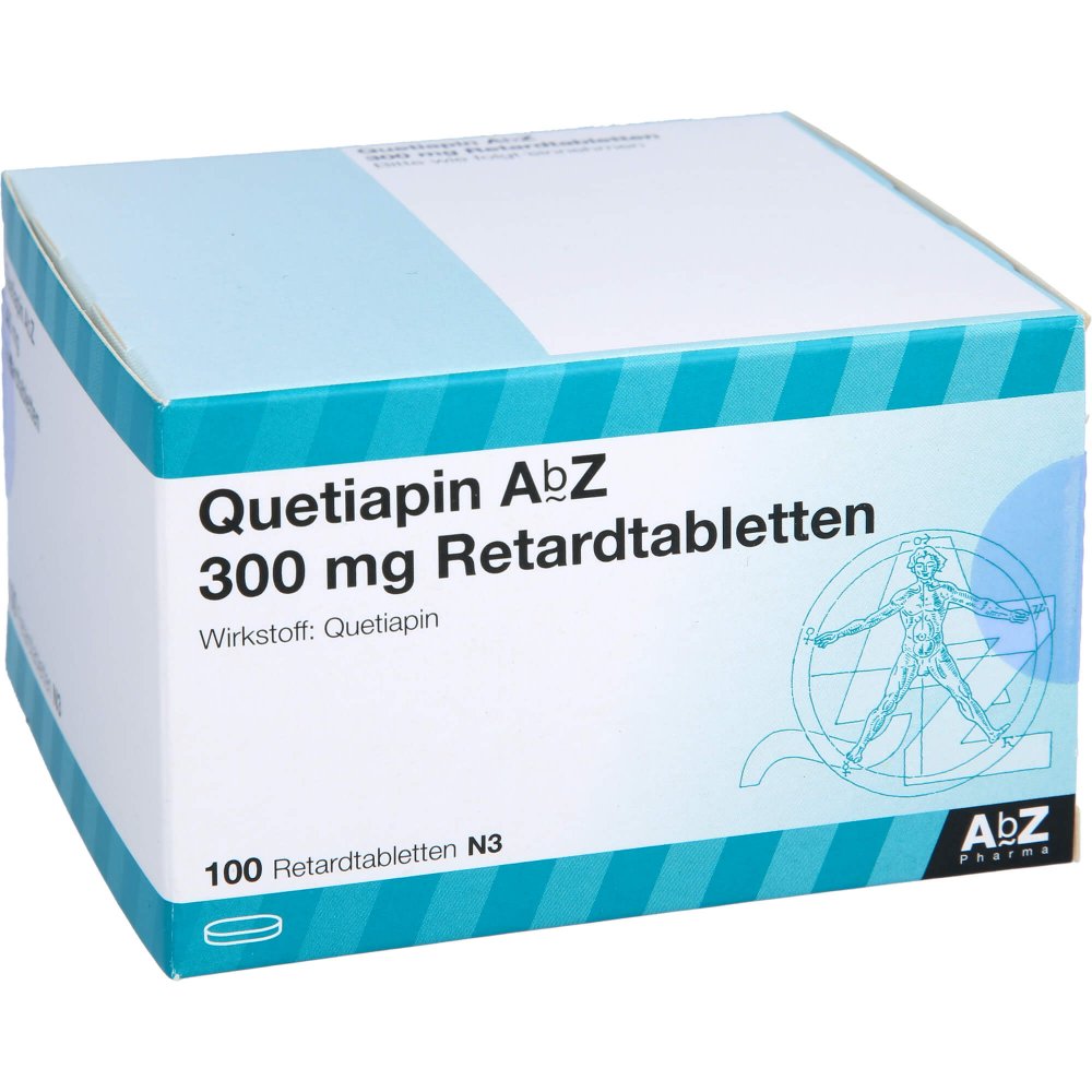 Das Produktfoto zeigt Quetiapin Abz 300 Mg Retardtabletten (100 stk) PZN 09272846