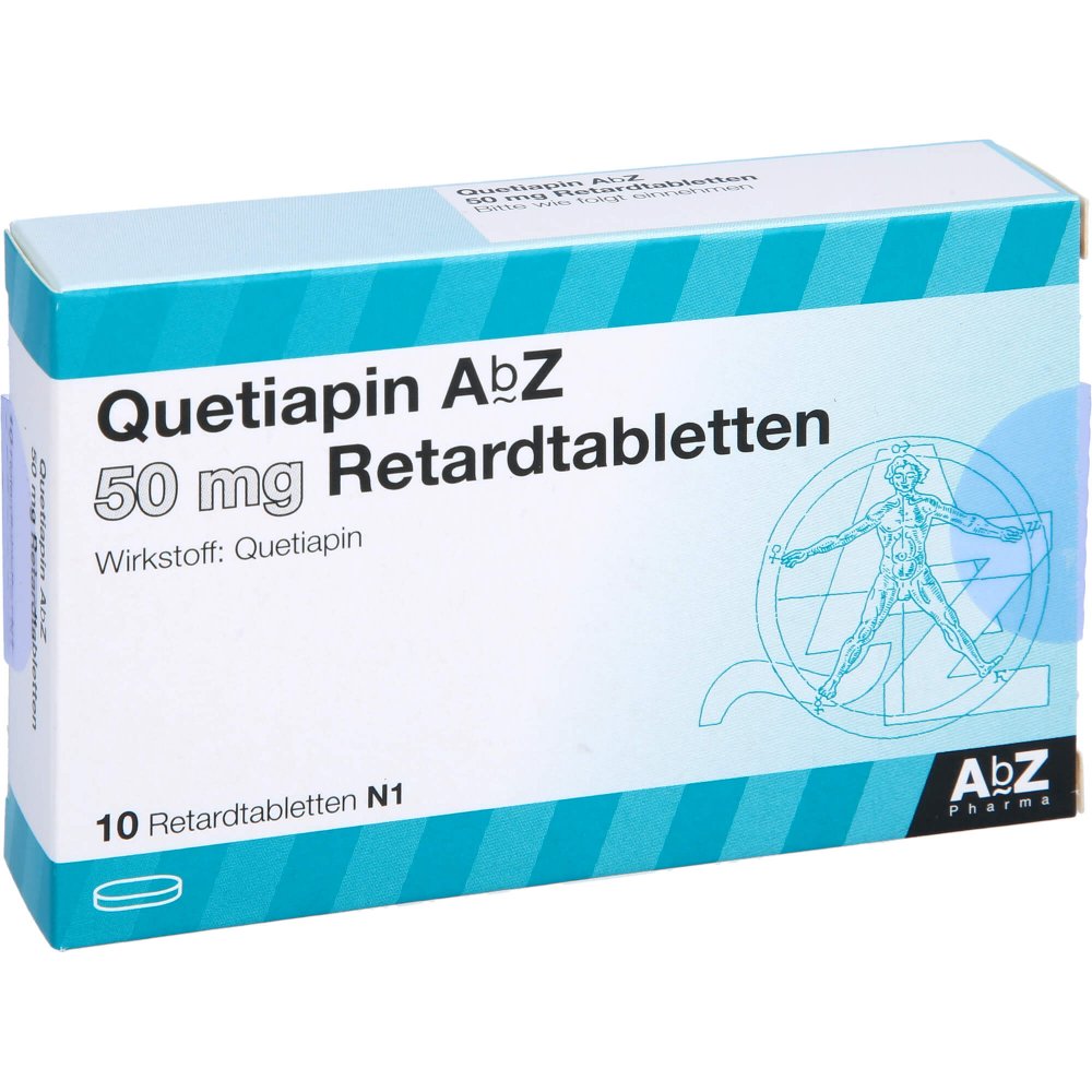 Das Produktfoto zeigt Quetiapin Abz 50 Mg Retardtabletten (10 stk) PZN 09272906