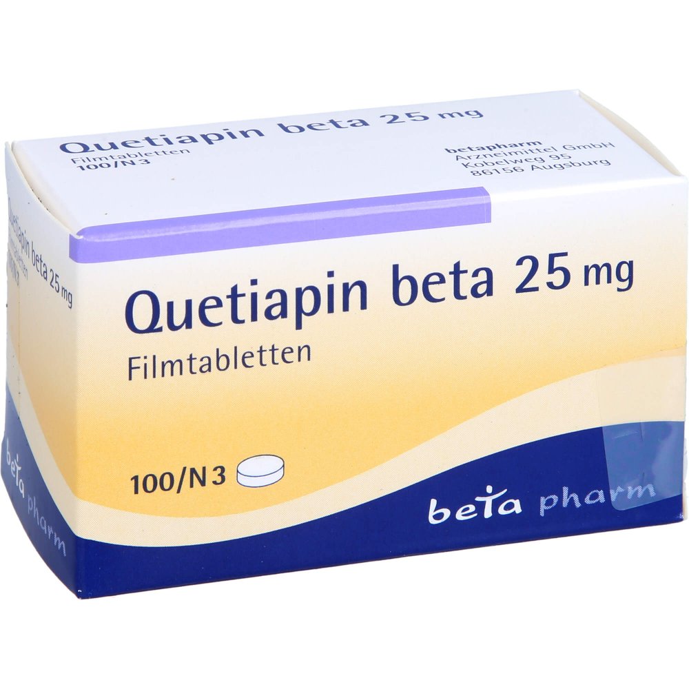 Das Produktfoto zeigt Quetiapin Beta 25 Mg Filmtabletten (100 stk) PZN 09284588