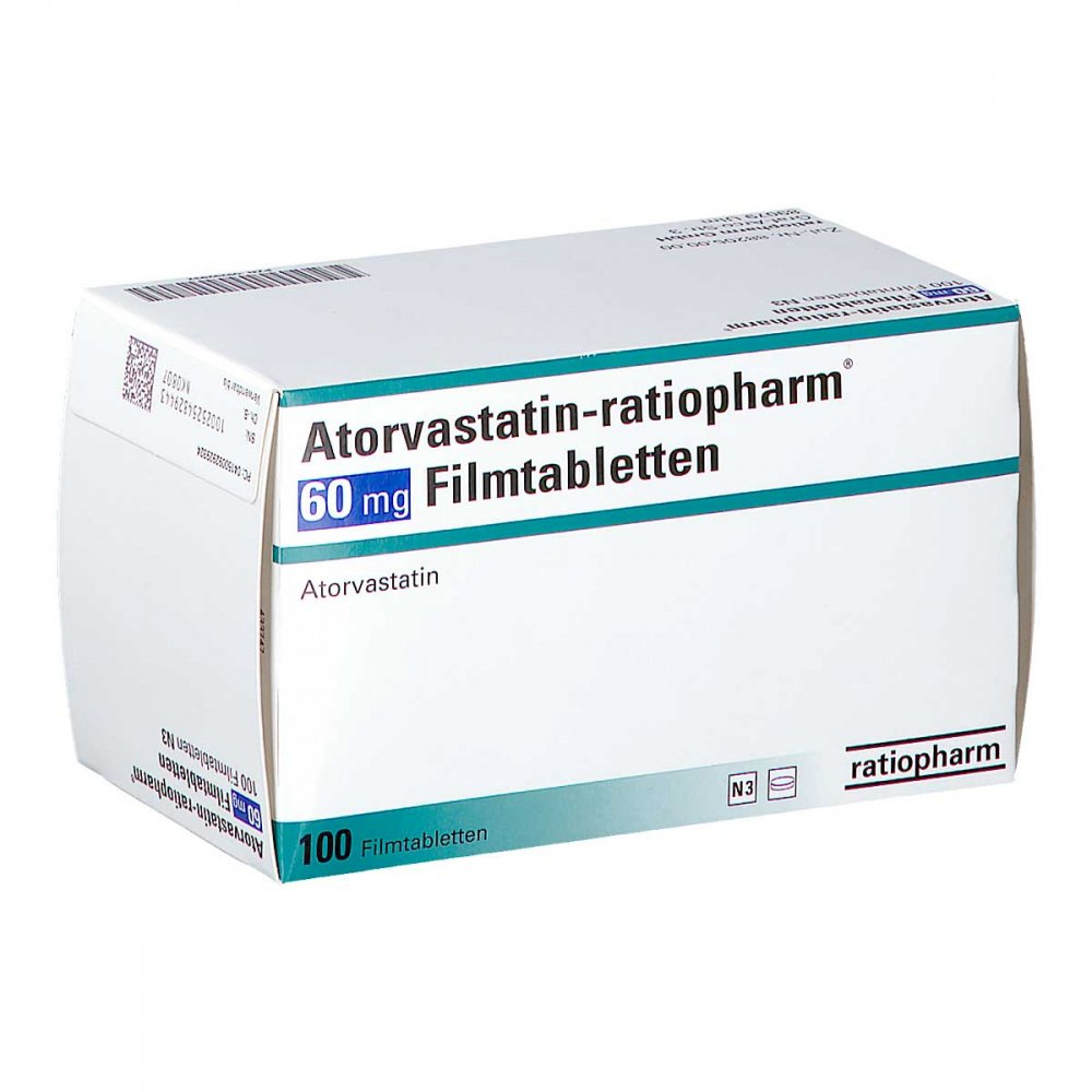 Das Produktfoto zeigt Atorvastatin-Ratiopharm 60 Mg Filmtabletten (100 stk) PZN 09292932