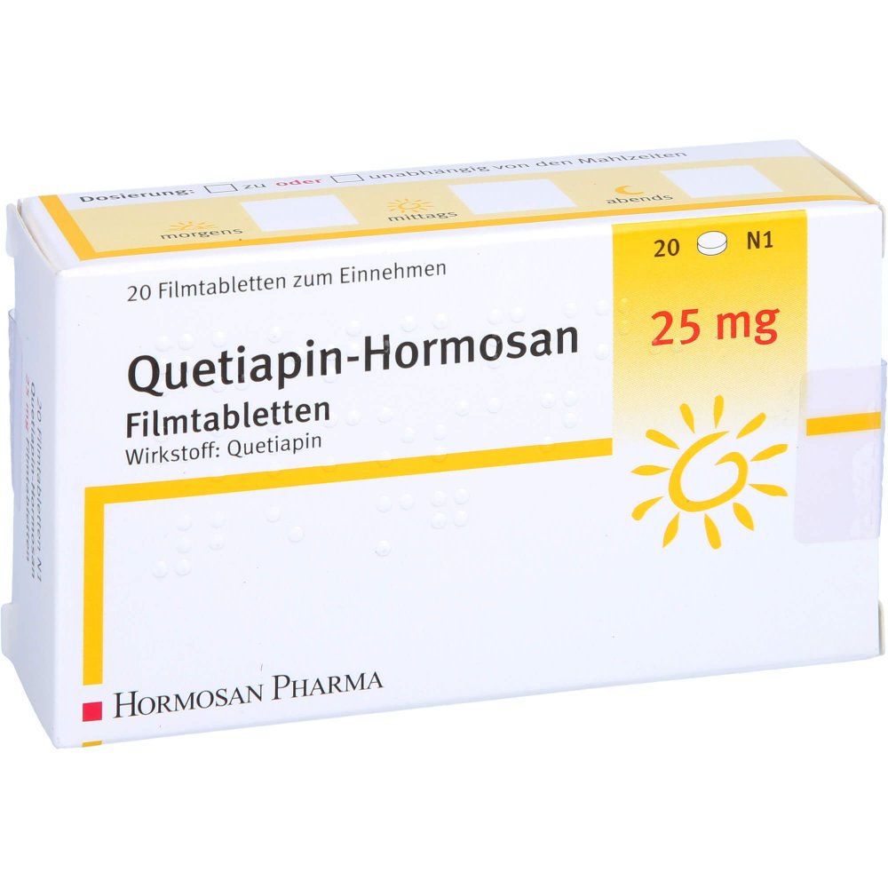 Das Produktfoto zeigt Quetiapin Hormosan 25 Mg Filmtabletten (20 stk) PZN 09294492