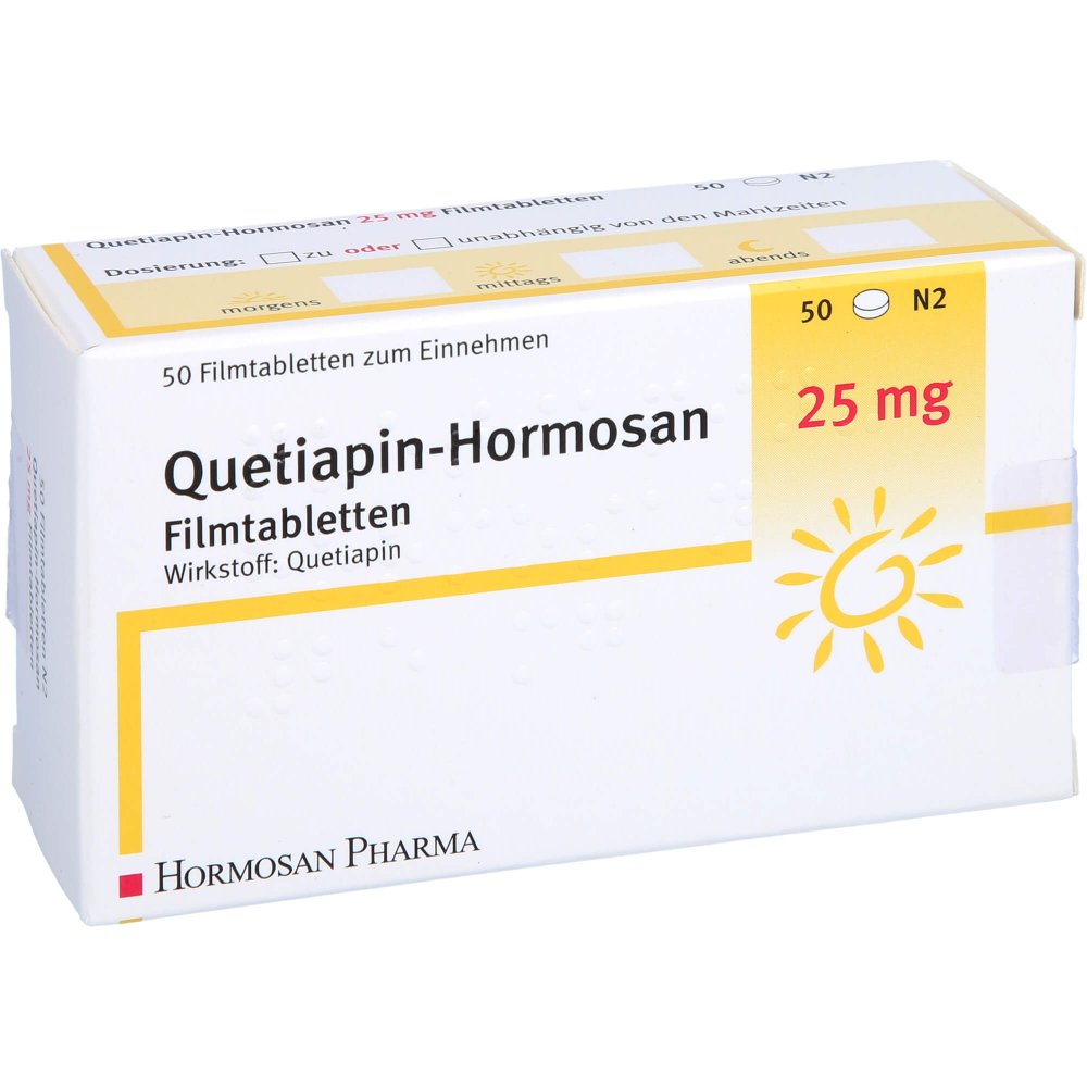 Das Produktfoto zeigt Quetiapin Hormosan 25 Mg Filmtabletten (50 stk) PZN 09294500