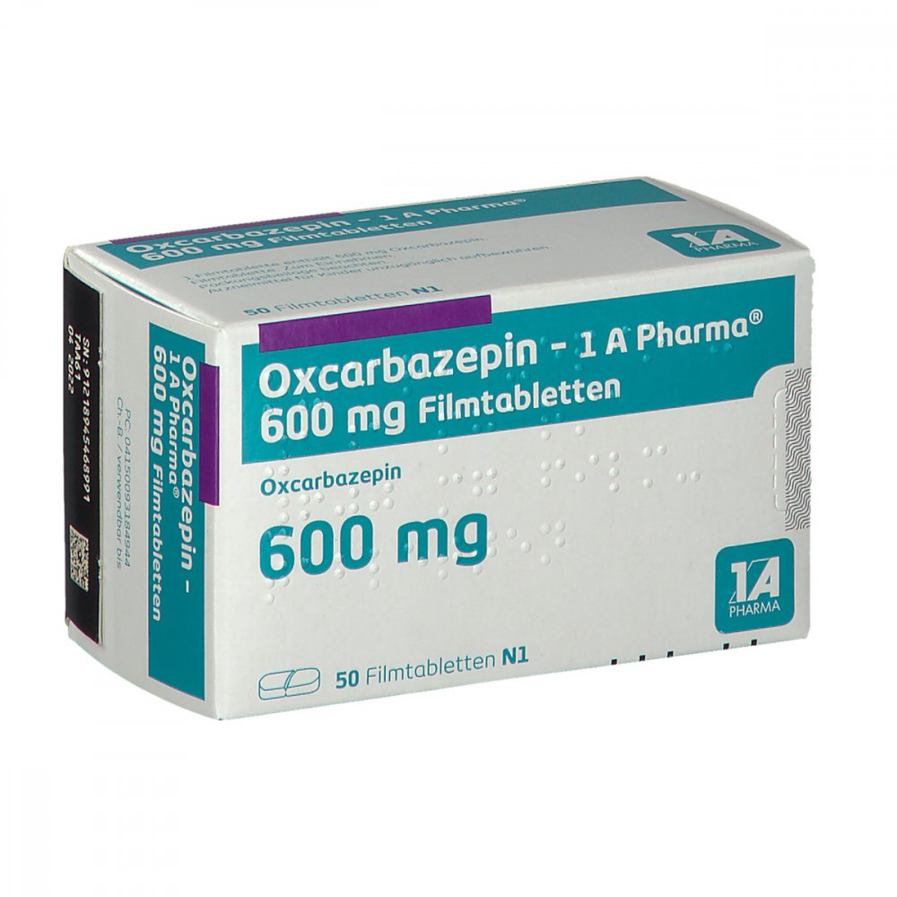 Das Produktfoto zeigt Oxcarbazepin-1a Pharma 600 Mg Filmtabletten (50 stk) PZN 09318494