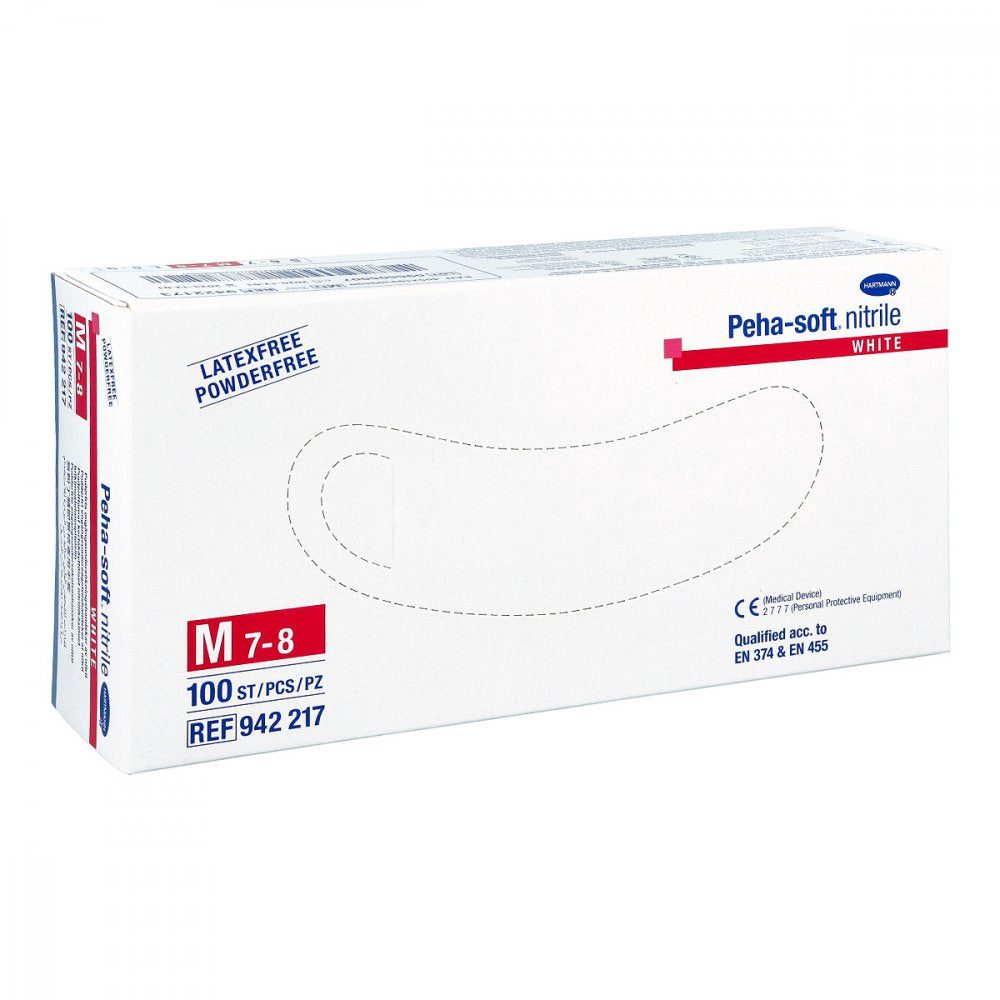 Das Produktfoto zeigt Peha-Soft Nitrile White Unt.Hands.Unsteril Pf M (100 stk) PZN 09339036