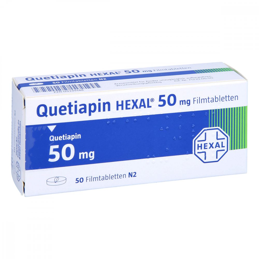 Das Produktfoto zeigt Quetiapin Hexal 50 Mg Filmtabletten (50 stk) PZN 09339148