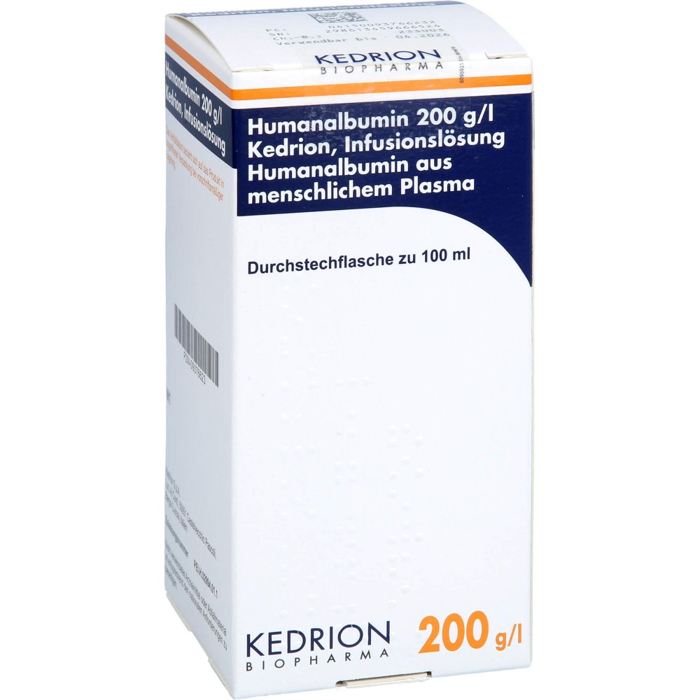Das Produktfoto zeigt Humanalbumin 200 G/L Kedrio Infusionslösung (100 ml) PZN 09376623