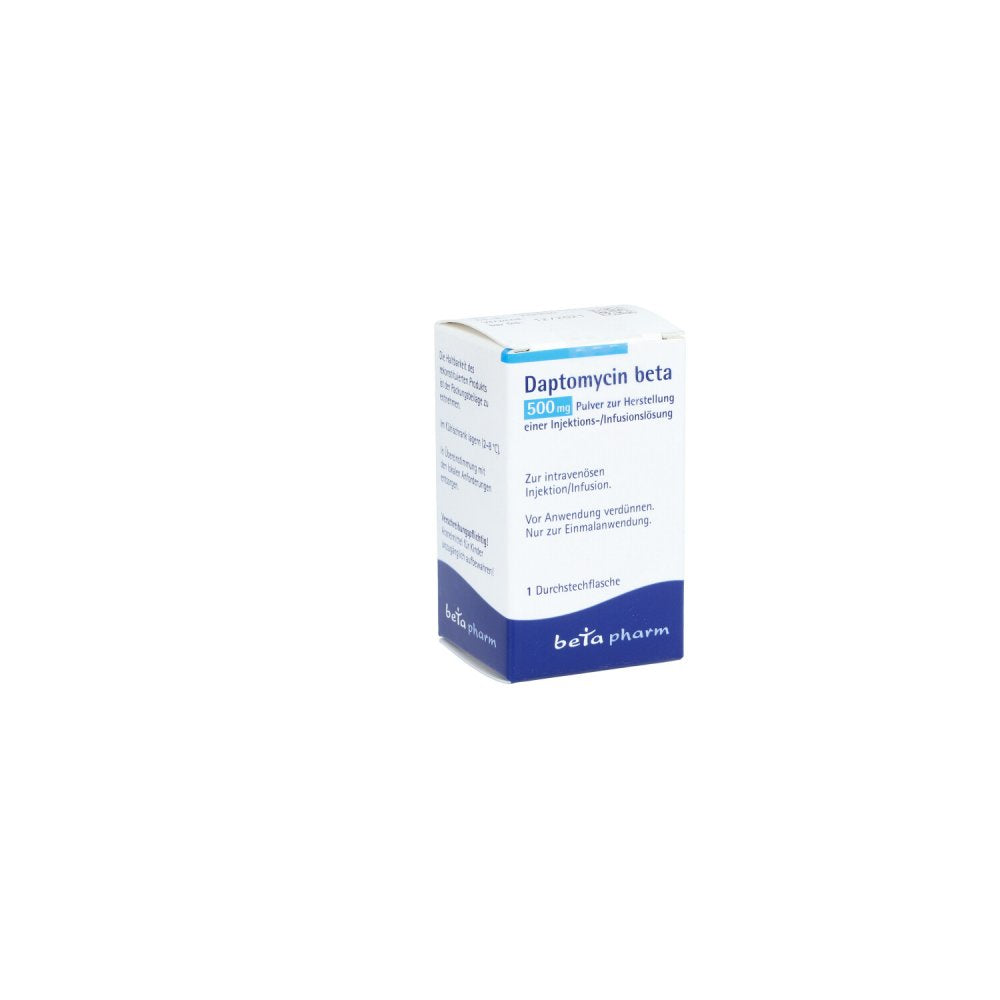 Das Produktfoto zeigt Daptomycin Beta 500 Mg Plv.Z.Her.E.Inj.O.Inf.-Lsg. (1 stk) PZN 09423044