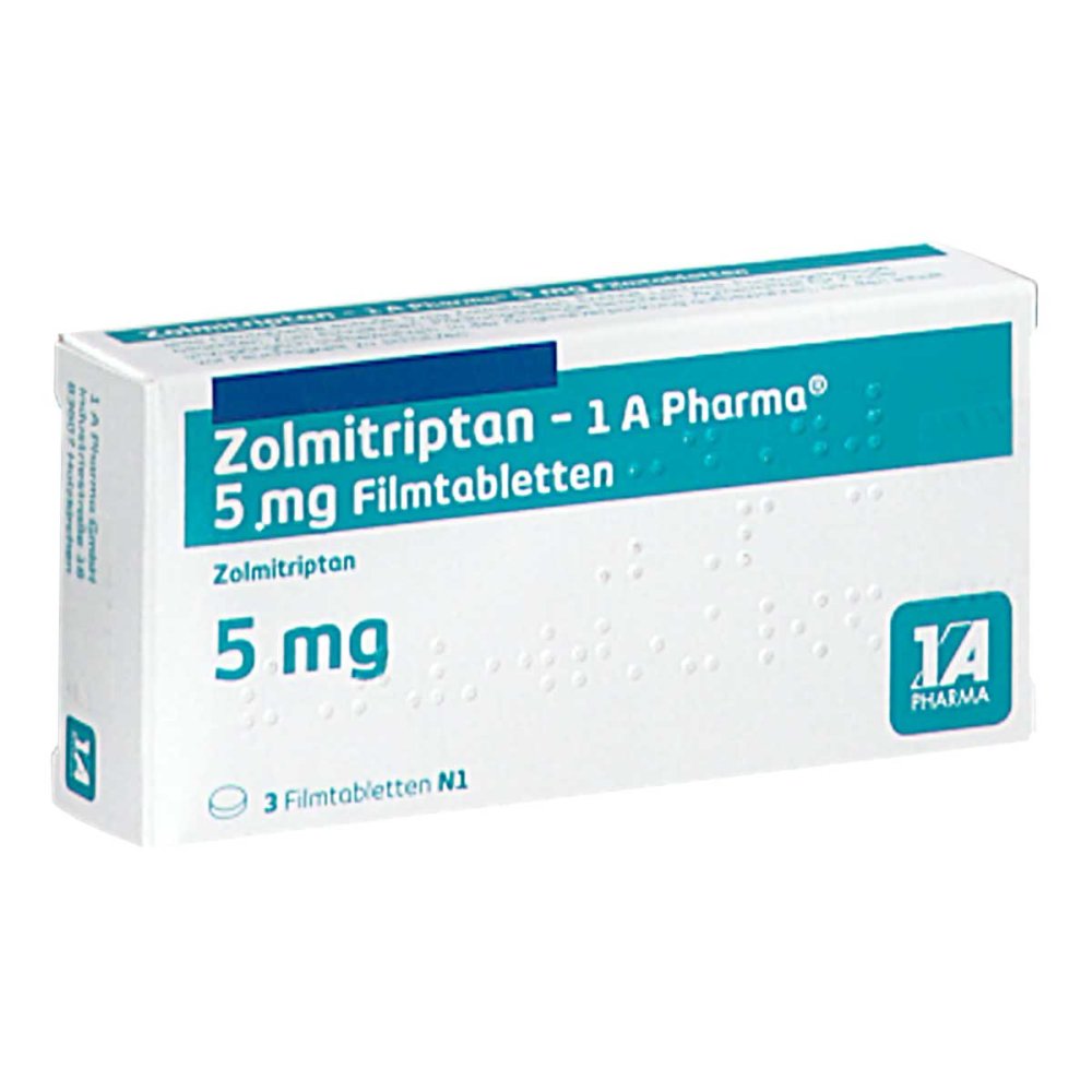 Das Produktfoto zeigt Zolmitriptan-1a Pharma 5 Mg Filmtabletten (3 stk) PZN 09427384