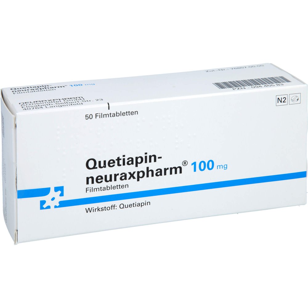 Das Produktfoto zeigt Quetiapin-Neuraxpharm 100 Mg Filmtabletten (50 stk) PZN 09445583