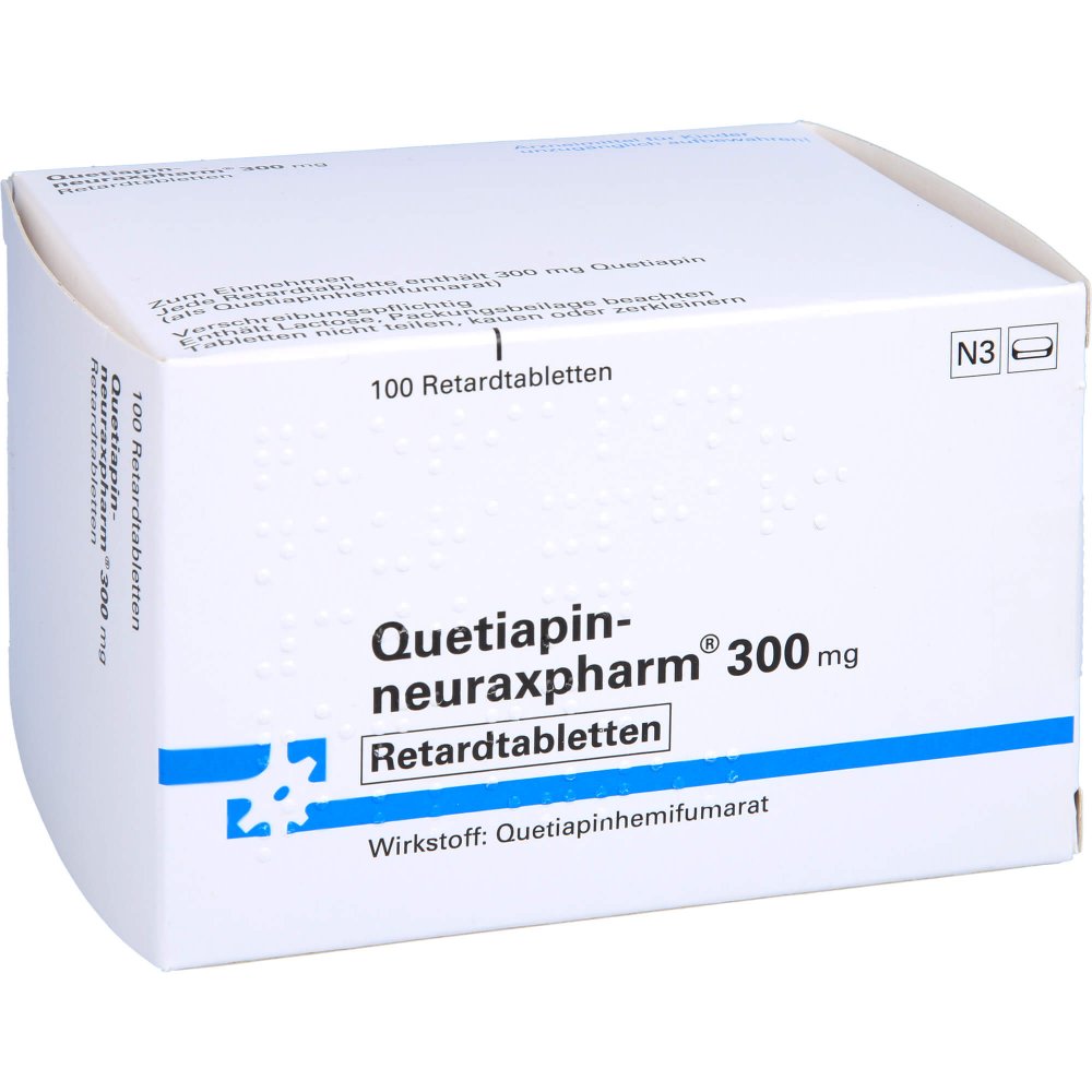 Das Produktfoto zeigt Quetiapin-Neuraxpharm 300 Mg Retardtabletten (100 stk) PZN 09445896