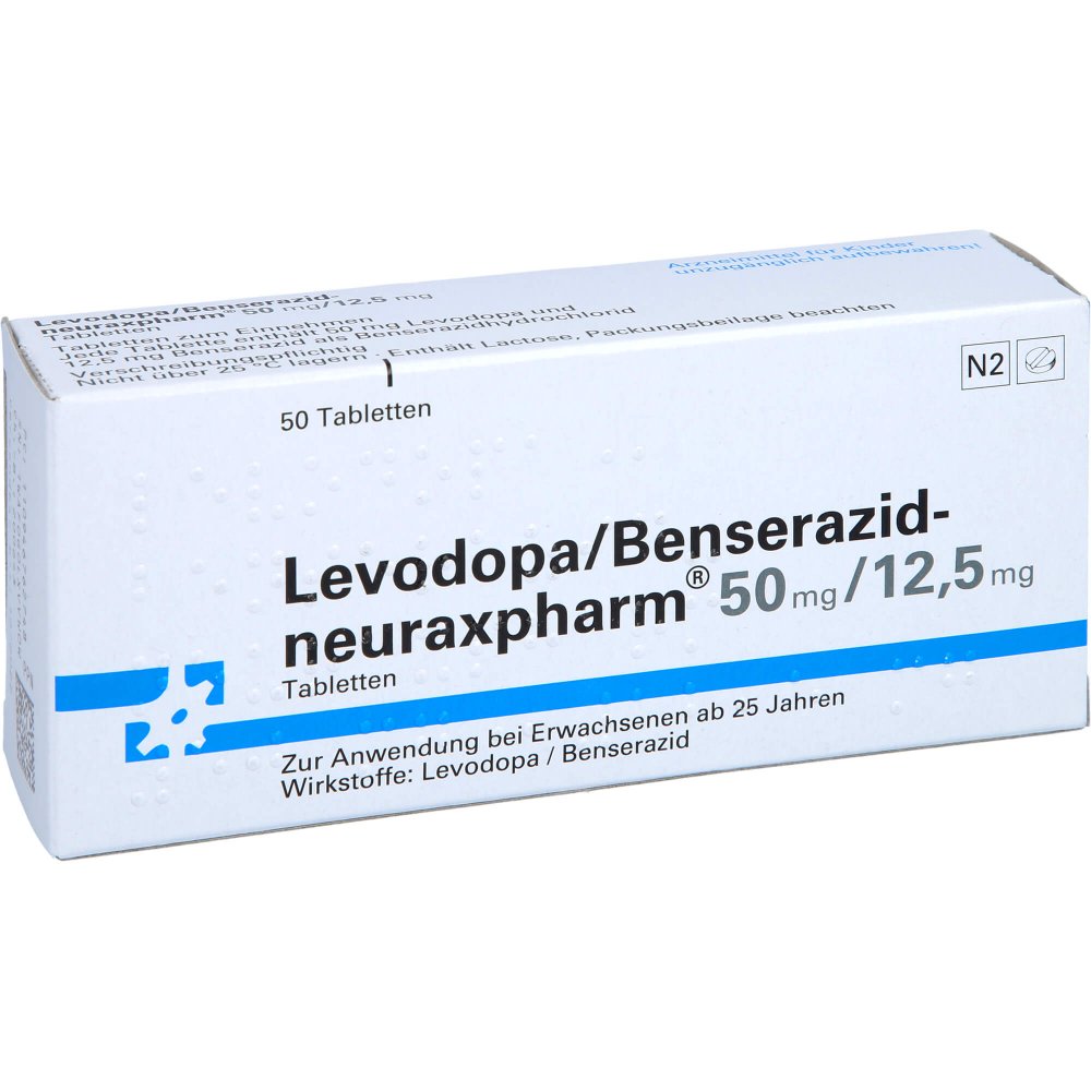 Das Produktfoto zeigt Levodopa/Benserazid-Neuraxpharm 50 Mg/12,5 Mg Tab. (50 stk) PZN 09467627