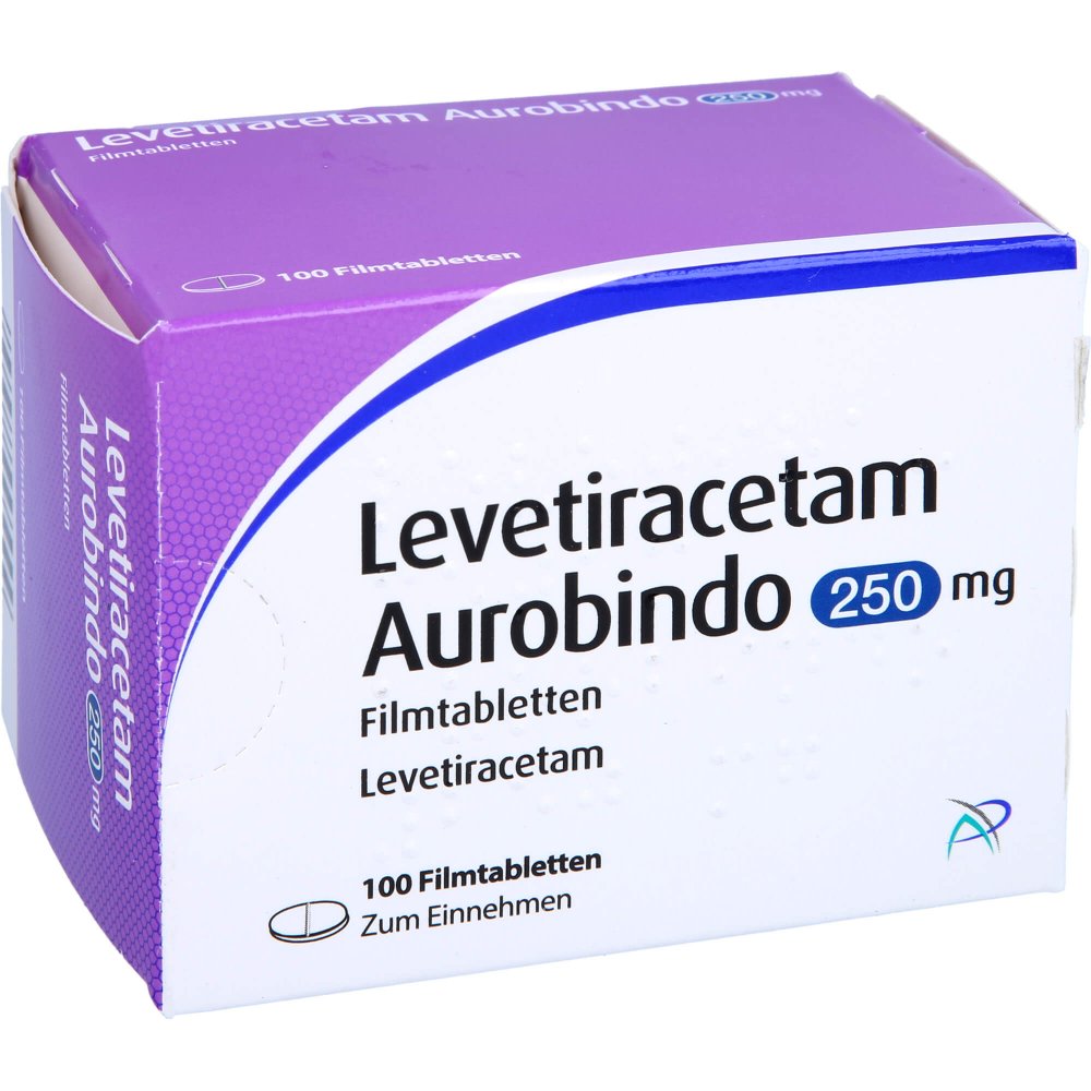 Das Produktfoto zeigt Levetiracetam Aurobindo 250 Mg Filmtabletten (100 stk) PZN 09478677