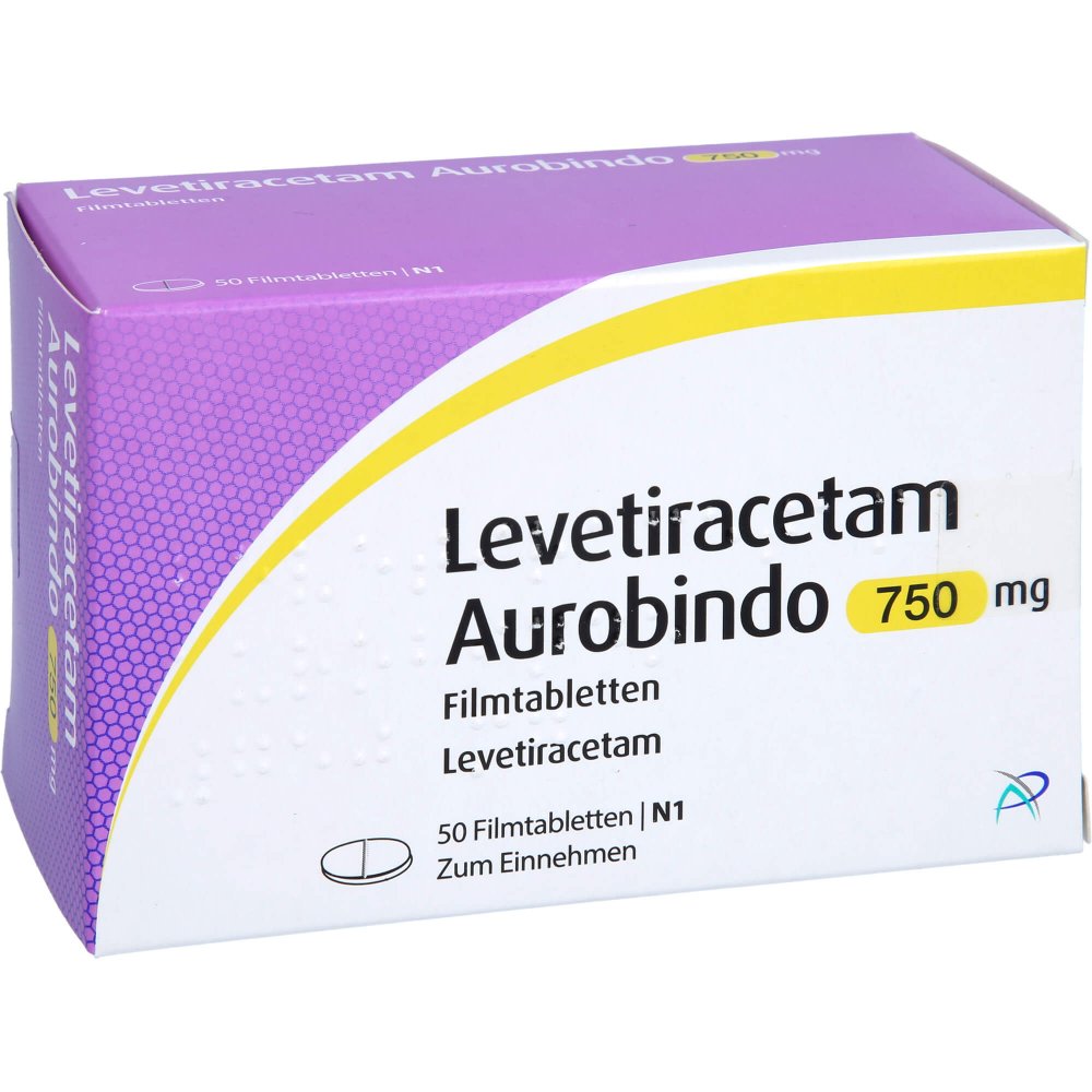 Das Produktfoto zeigt Levetiracetam Aurobindo 750 Mg Filmtabletten (50 stk) PZN 09478737
