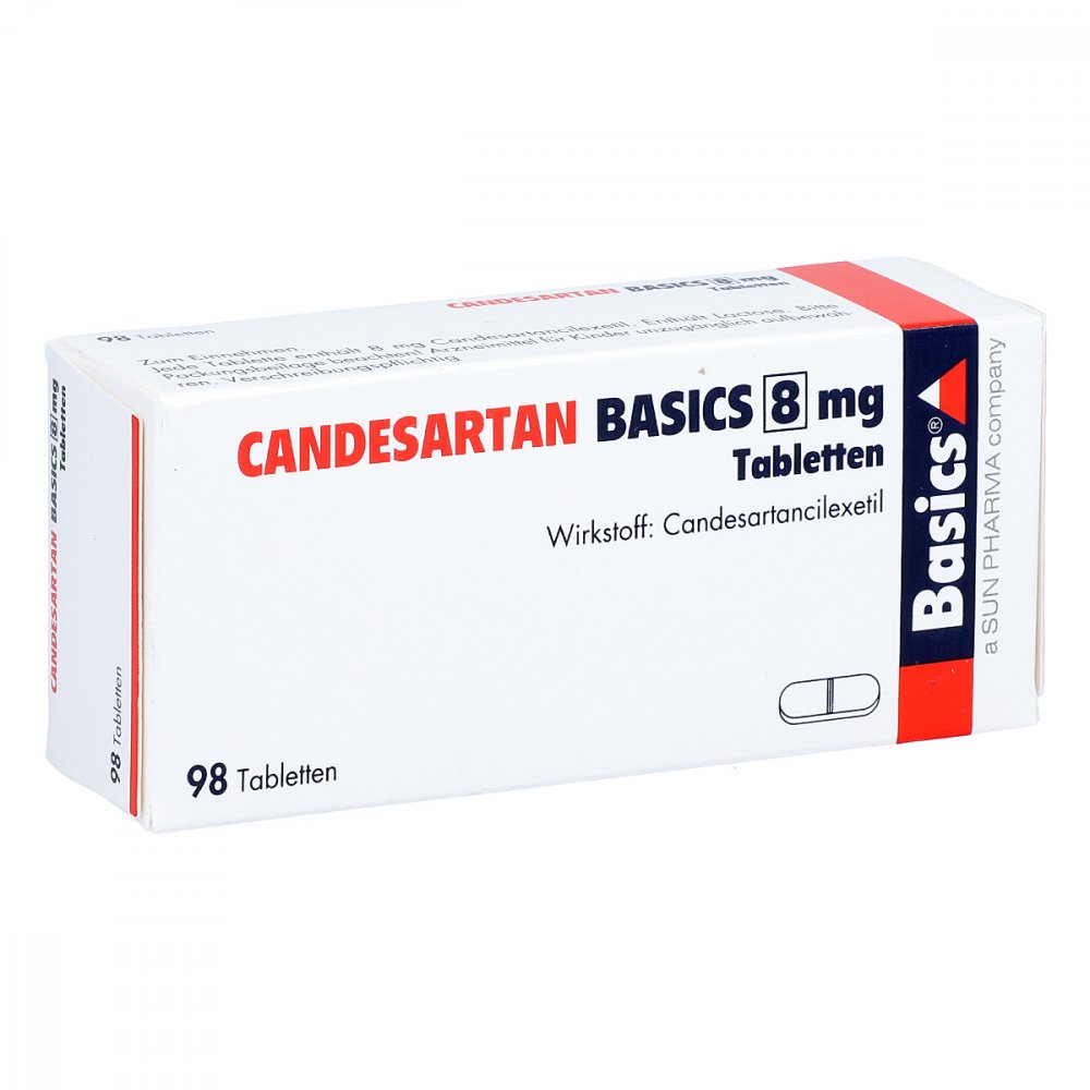 Das Produktfoto zeigt Candesartan Basics 8 Mg Tabletten (98 stk) PZN 09482822