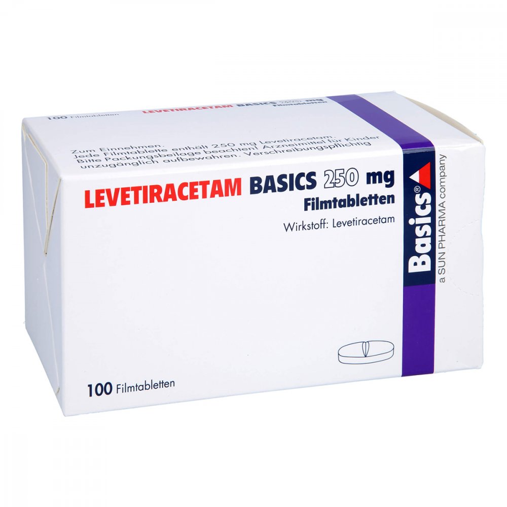 Das Produktfoto zeigt Levetiracetam Basics 250 Mg Filmtabletten (100 stk) PZN 09482905