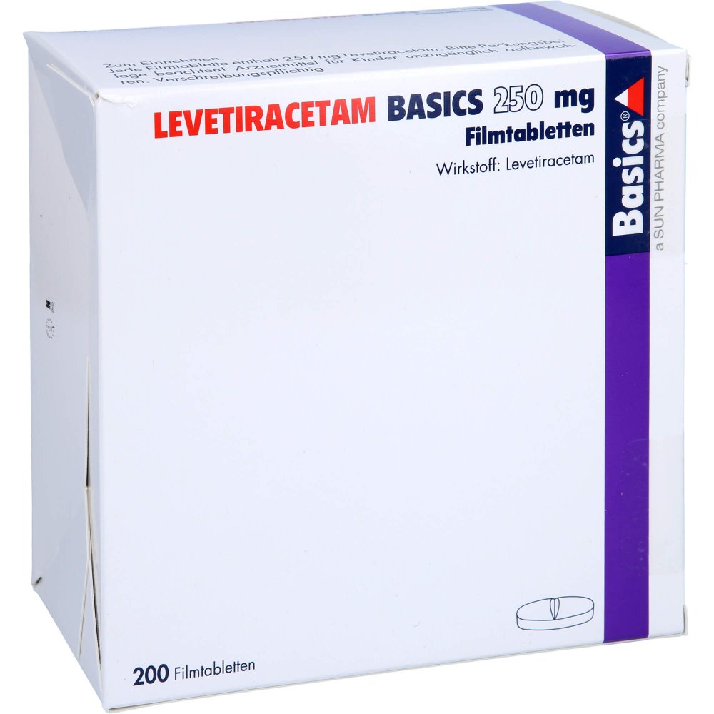 Das Produktfoto zeigt Levetiracetam Basics 250 Mg Filmtabletten (200 stk) PZN 09482911