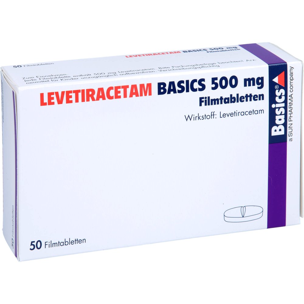 Das Produktfoto zeigt Levetiracetam Basics 500 Mg Filmtabletten (50 stk) PZN 09482928