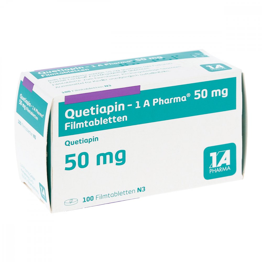 Das Produktfoto zeigt Quetiapin-1a Pharma 50 Mg Filmtabletten (100 stk) PZN 09494601