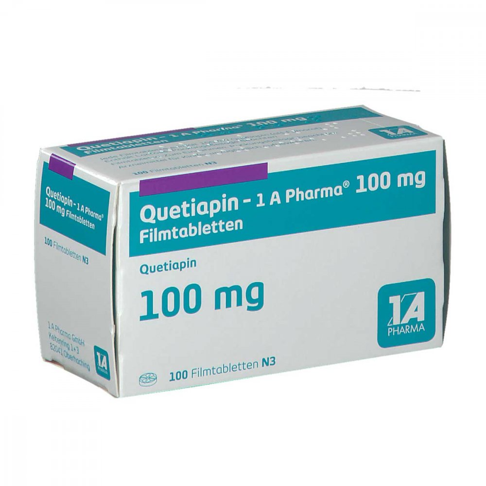 Das Produktfoto zeigt Quetiapin-1a Pharma 100 Mg Filmtabletten (100 stk) PZN 09494802