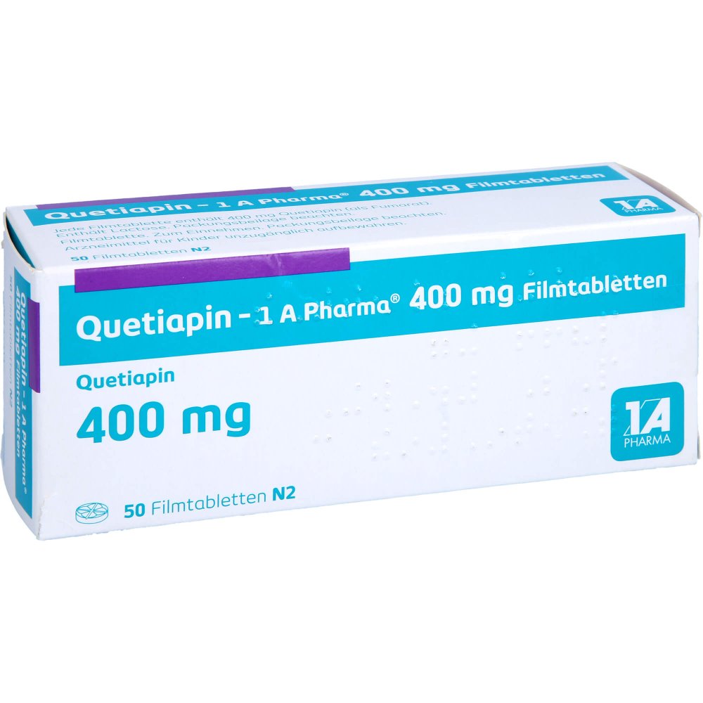 Das Produktfoto zeigt Quetiapin-1a Pharma 400 Mg Filmtabletten (50 stk) PZN 09494995
