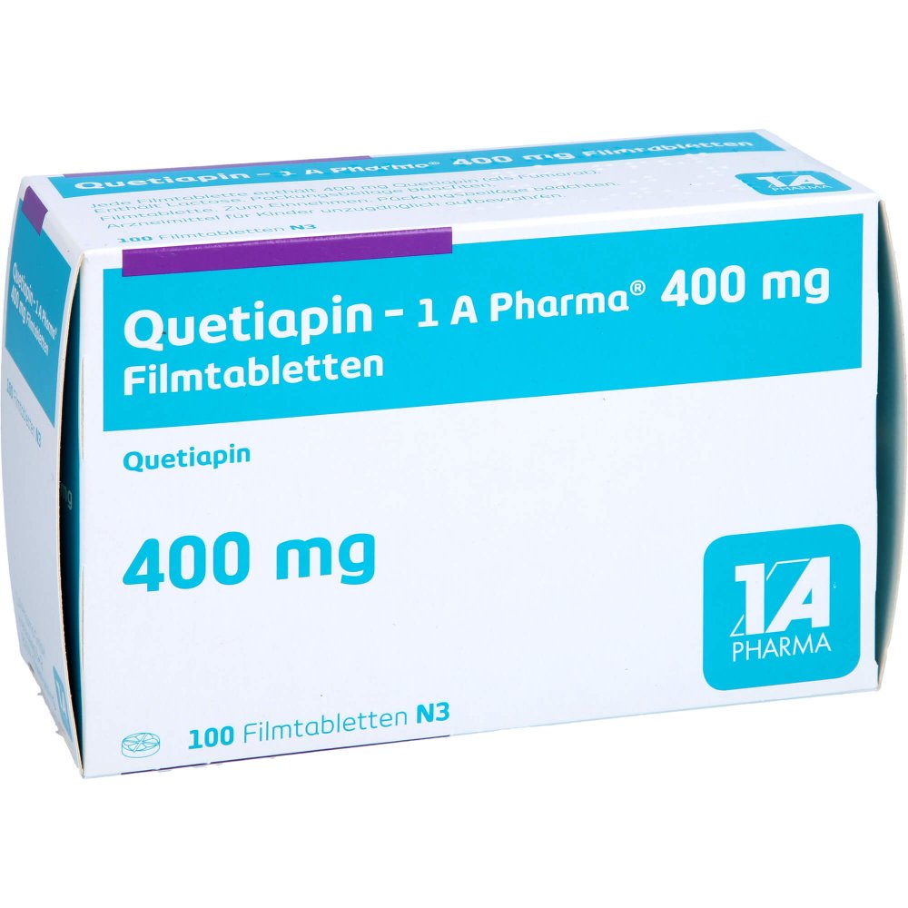 Das Produktfoto zeigt Quetiapin-1a Pharma 400 Mg Filmtabletten (100 stk) PZN 09495026