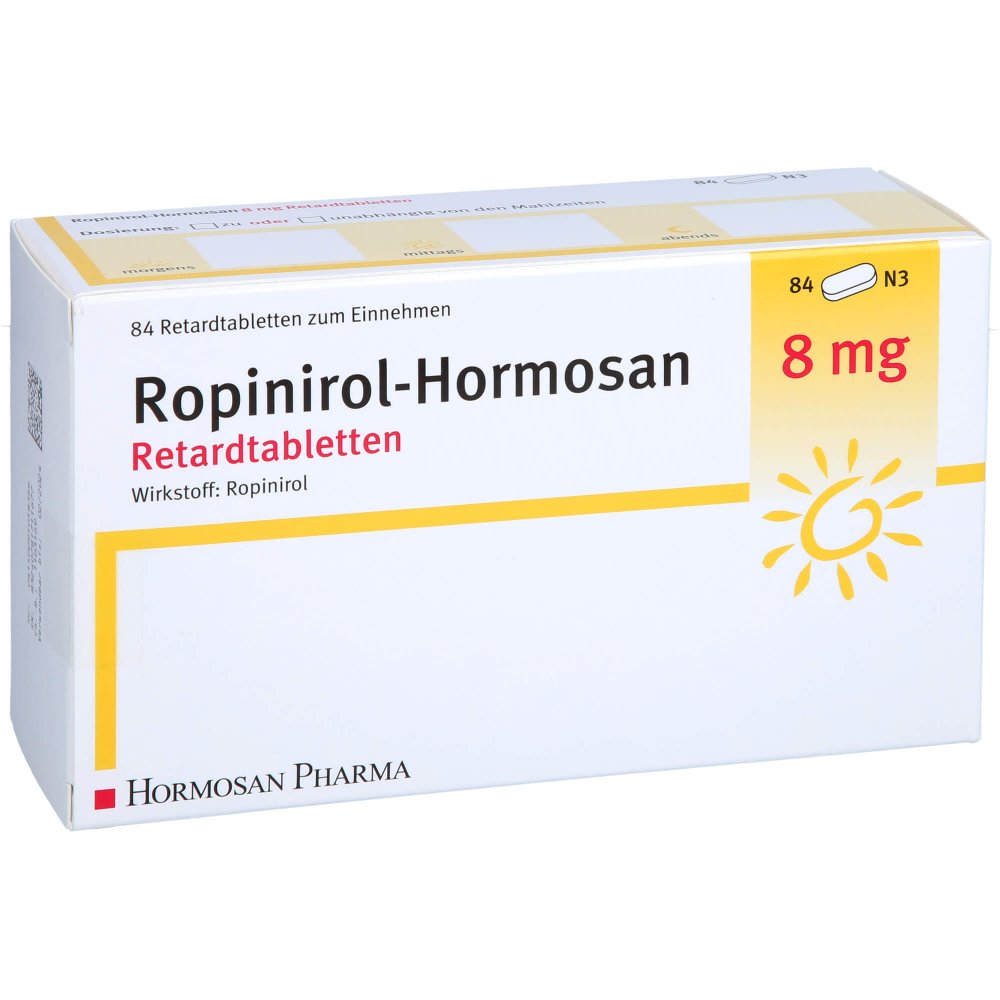Das Produktfoto zeigt Ropinirol Hormosan 8 Mg Retardtabletten (84 stk) PZN 09505836