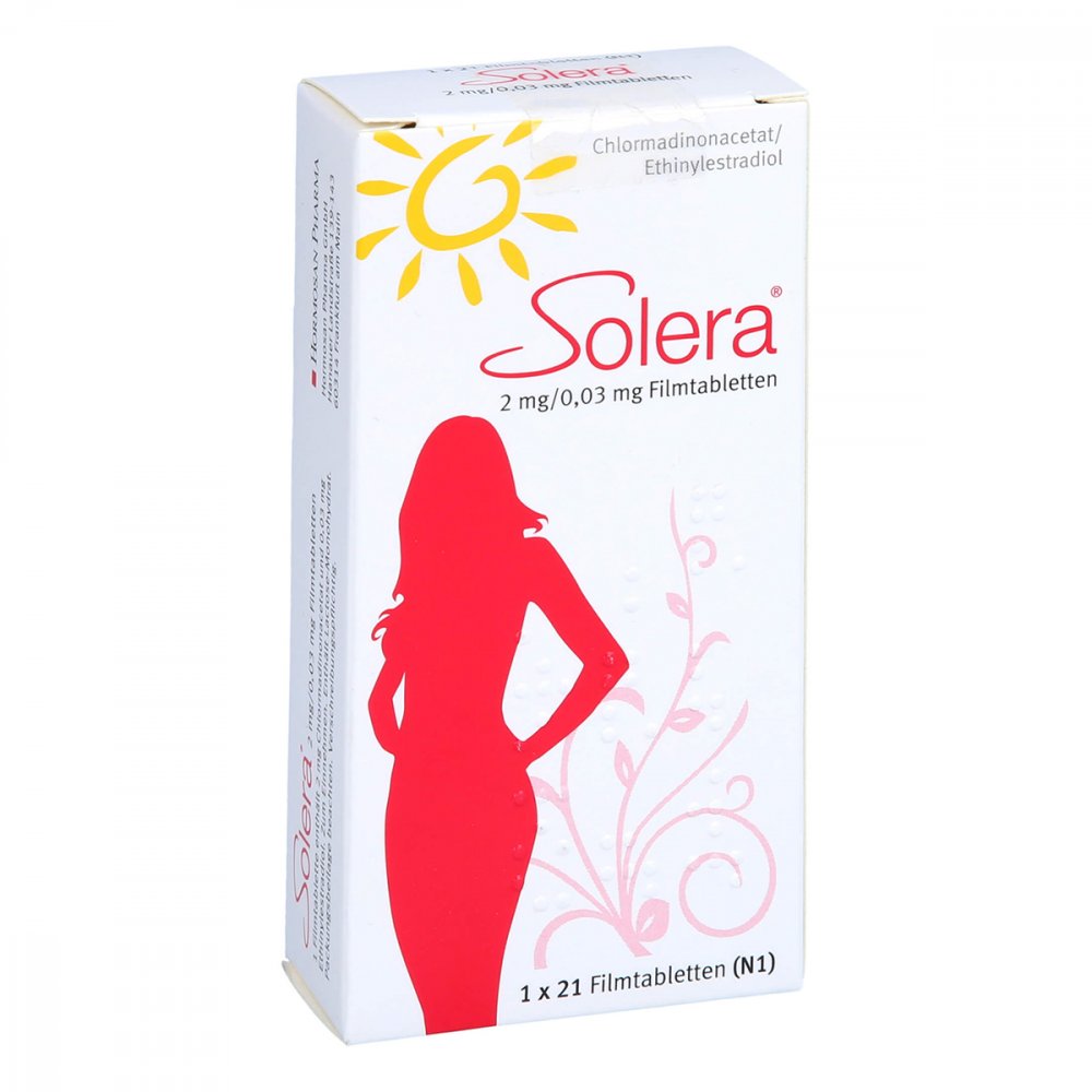 Das Produktfoto zeigt Solera 2 Mg/0,03 Mg Filmtabletten (1X21 stk) PZN 09506250