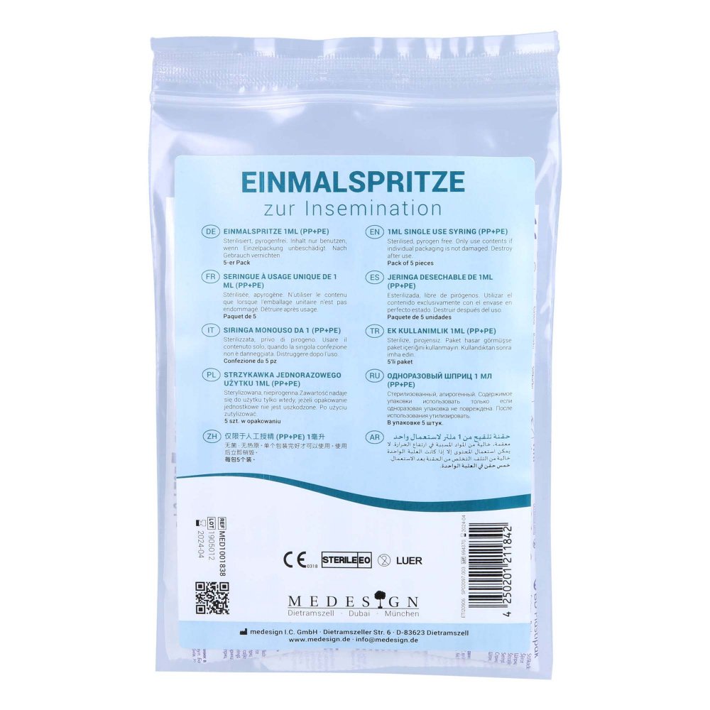 Das Produktfoto zeigt Einmalspritze 1 Ml Für Insemination (5 stk) PZN 09537291