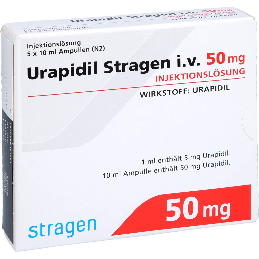 Das Produktfoto zeigt Urapidil Stragen I.V. 50 Mg Ampullen (5 stk) PZN 09615766