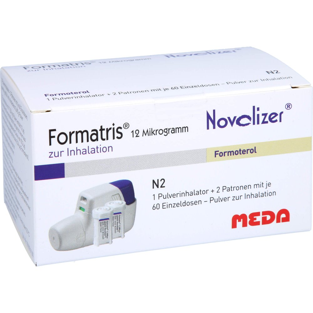 Das Produktfoto zeigt Formatris 12μg Novolizer 2x60 Ed Inhalator+Patrone (2 stk) PZN 09617601