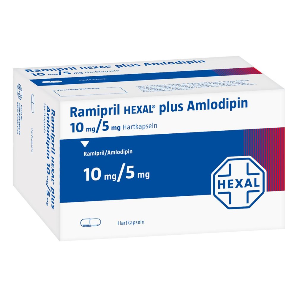 Das Produktfoto zeigt Ramipril Hexal Plus Amlodipin 10 Mg/5 Mg Hartkaps. (100 stk) PZN 09635160