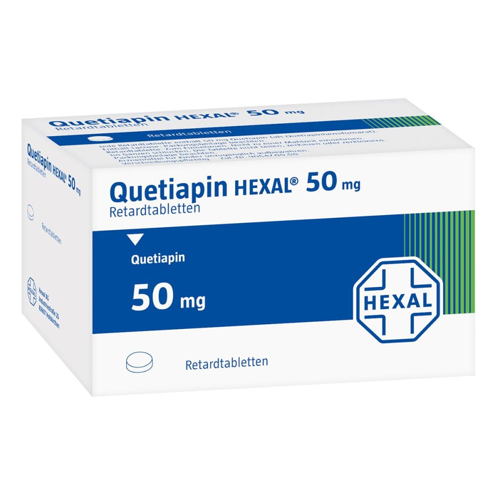 Das Produktfoto zeigt Quetiapin Hexal 50 Mg Retardtabletten (50 stk) PZN 09637615