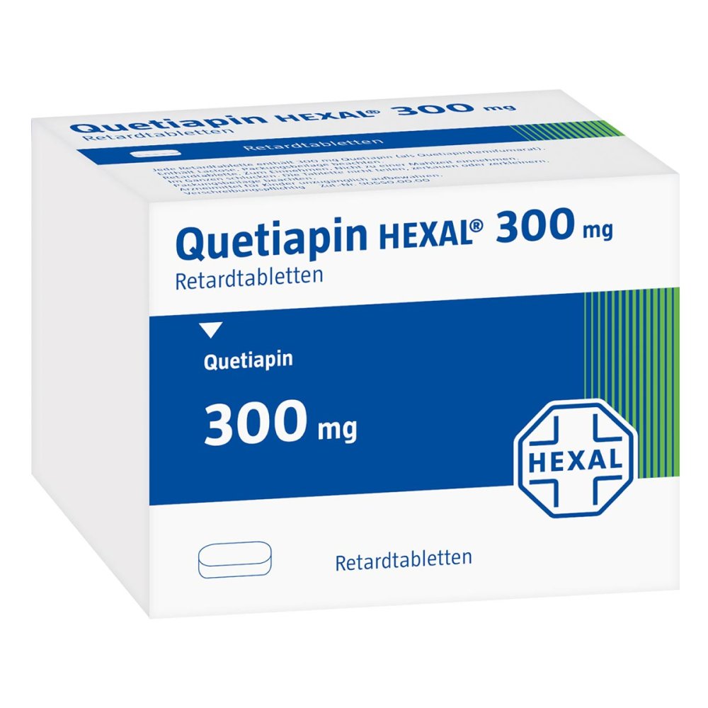 Das Produktfoto zeigt Quetiapin Hexal 300 Mg Retardtabletten (10 stk) PZN 09637710