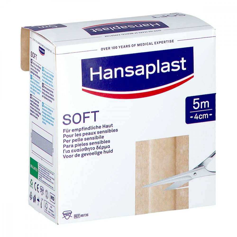 Das Produktfoto zeigt Hansaplast Soft Pflaster 4 Cmx5 M Rolle (1 stk) PZN 09678063