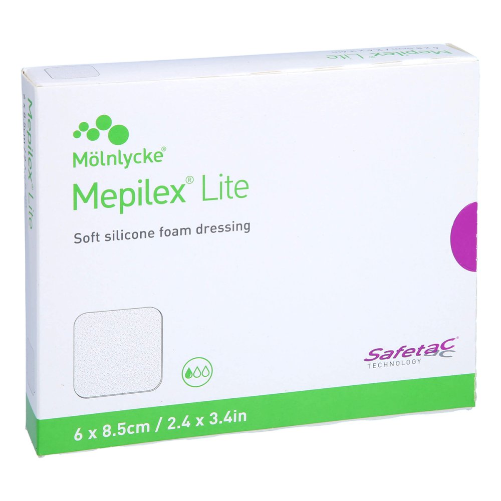 Das Produktfoto zeigt Mepilex Lite Schaumverband 6x8,5 Cm Steril (5 stk) PZN 09680918
