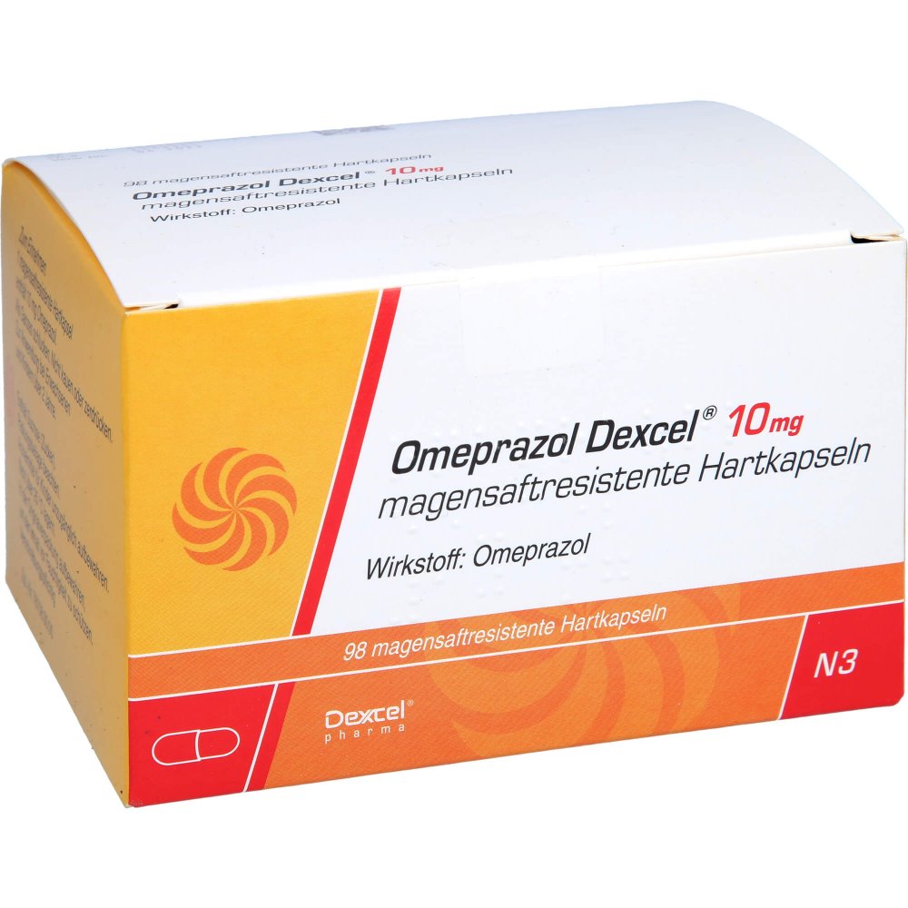 Das Produktfoto zeigt Omeprazol Dexcel 10 Mg Magensaftres.Hartkapseln (98 stk) PZN 09684253